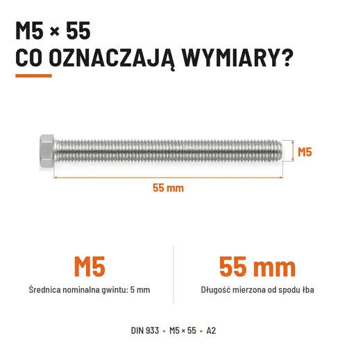 Śruba sześciokątna DIN 933 M5x55 pełny gwint A2 nierdzewna