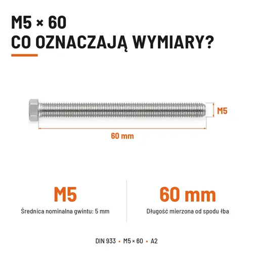 Śruba sześciokątna DIN 933 M5x60 pełny gwint A2 nierdzewna