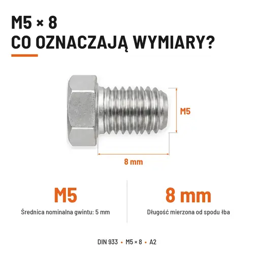 ŚRUBA SZEŚCIOKĄTNA DIN 933 M5X8 STAL NIERDZEWNA A2