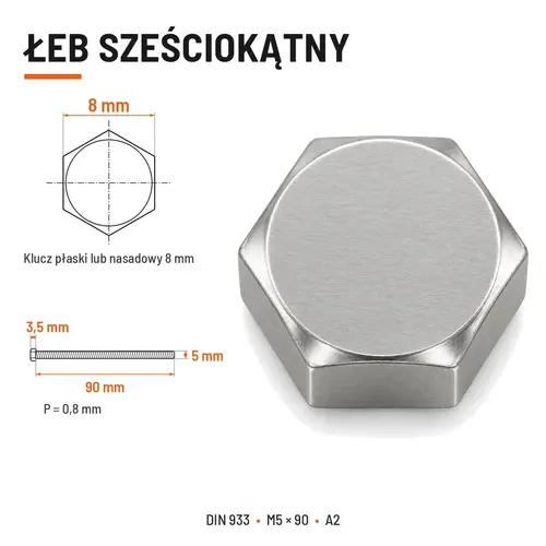 ŚRUBA SZEŚCIOKĄTNA DIN 933 M5X90 STAL NIERDZEWNA A2