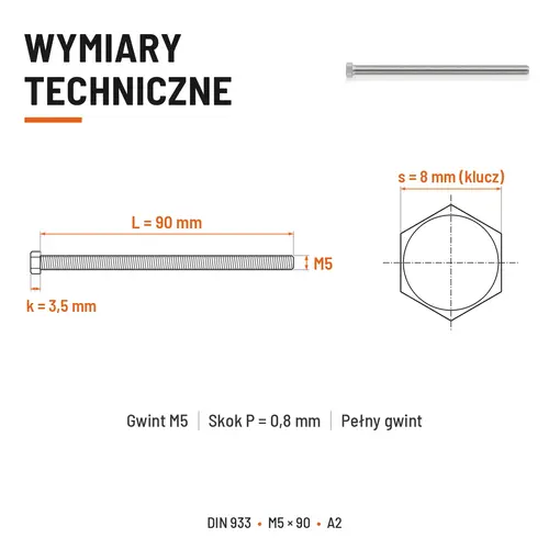 ŚRUBA SZEŚCIOKĄTNA DIN 933 M5X90 STAL NIERDZEWNA A2