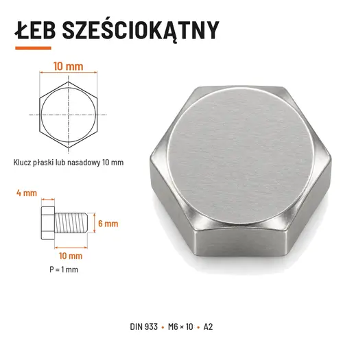 Śruba sześciokątna DIN 933 M6x10 pełny gwint A2 nierdzewna