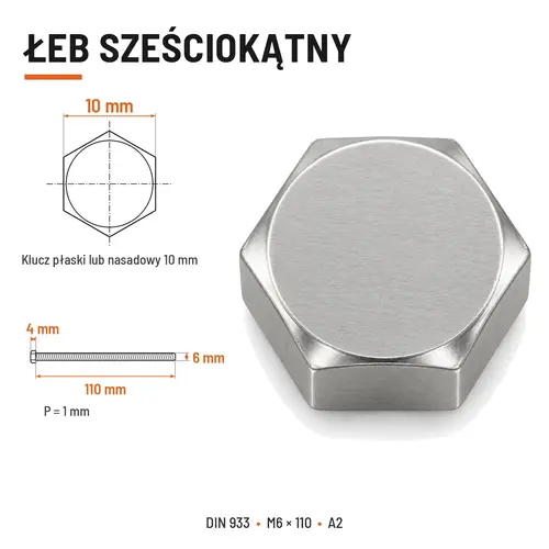 ŚRUBA SZEŚCIOKĄTNA DIN 933 M6X110 STAL NIERDZEWNA A2
