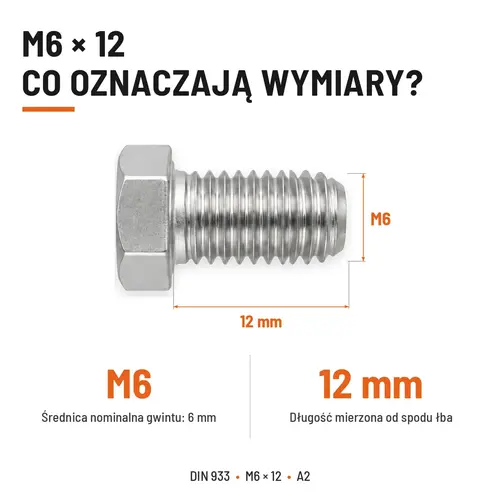 Śruba sześciokątna DIN 933 M6x12 pełny gwint A2 nierdzewna