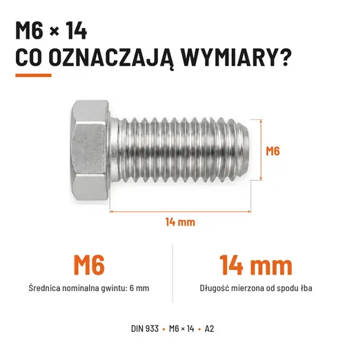 Śruba sześciokątna DIN 933 M6x14 pełny gwint A2 nierdzewna