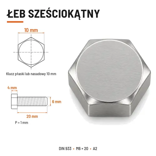 Śruba sześciokątna DIN 933 M6x20 pełny gwint A2 nierdzewna