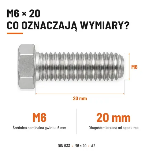 Śruba sześciokątna DIN 933 M6x20 pełny gwint A2 nierdzewna