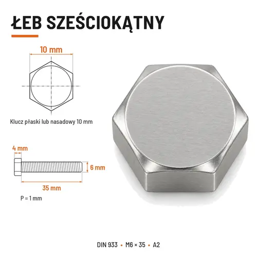 Śruba sześciokątna DIN 933 M6x35 pełny gwint A2 nierdzewna