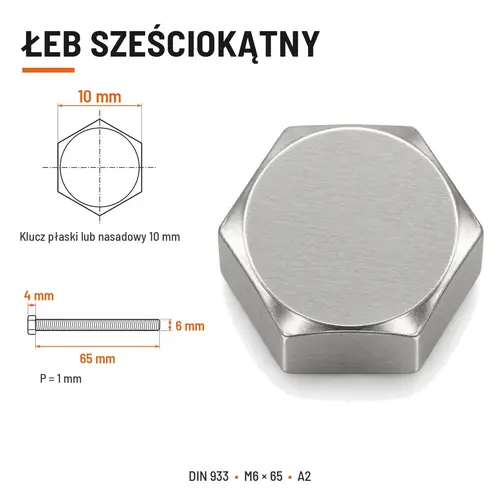 ŚRUBA SZEŚCIOKĄTNA DIN 933 M6X65 STAL NIERDZEWNA A2