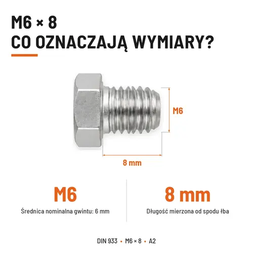 Śruba sześciokątna DIN 933 M6x8 pełny gwint A2 nierdzewna