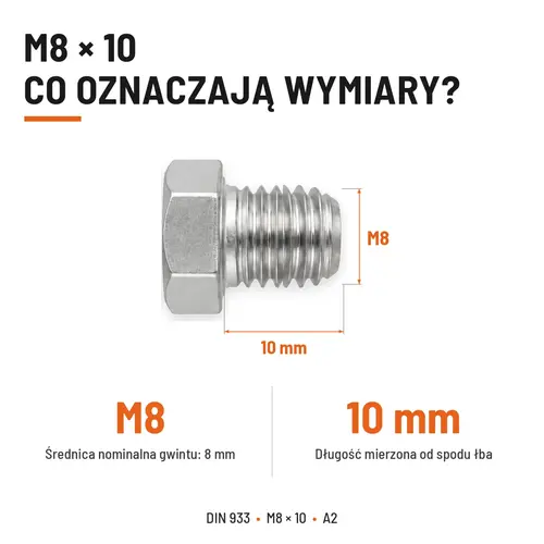 Śruba sześciokątna DIN 933 M8x10 pełny gwint A2 nierdzewna