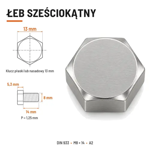 Śruba sześciokątna DIN 933 M8x14 pełny gwint A2 nierdzewna