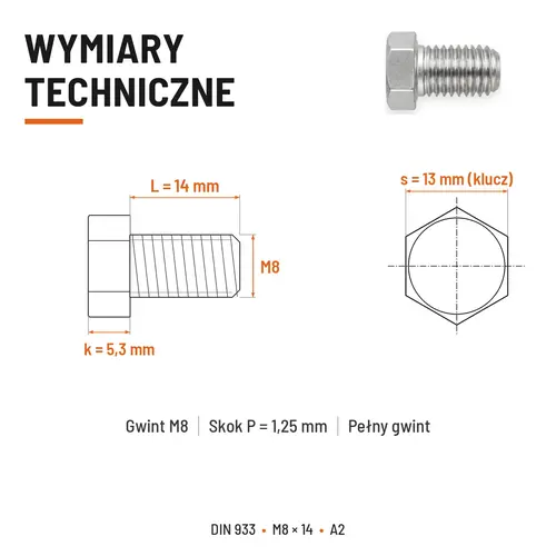 Śruba sześciokątna DIN 933 M8x14 pełny gwint A2 nierdzewna