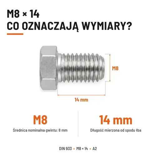 Śruba sześciokątna DIN 933 M8x14 pełny gwint A2 nierdzewna