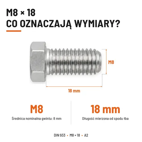 Śruba sześciokątna DIN 933 M8x18 pełny gwint A2 nierdzewna