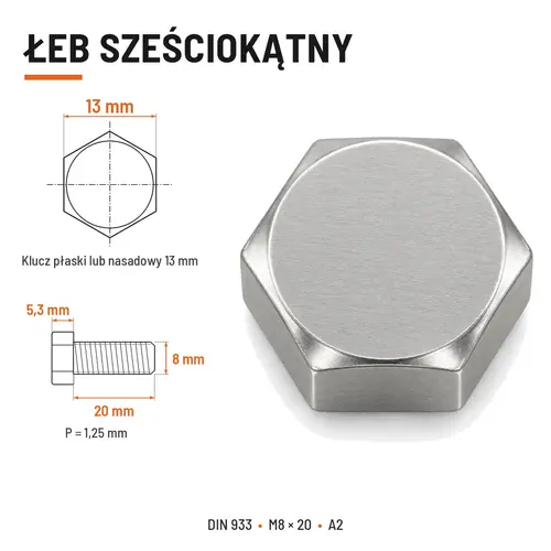 ŚRUBA SZEŚCIOKĄTNA DIN 933 M8X20 STAL NIERDZEWNA A2