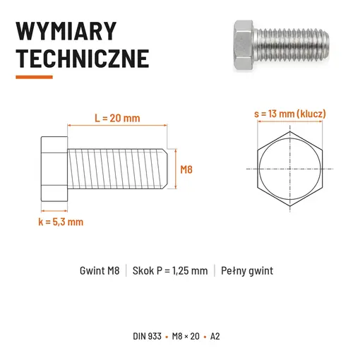 ŚRUBA SZEŚCIOKĄTNA DIN 933 M8X20 STAL NIERDZEWNA A2