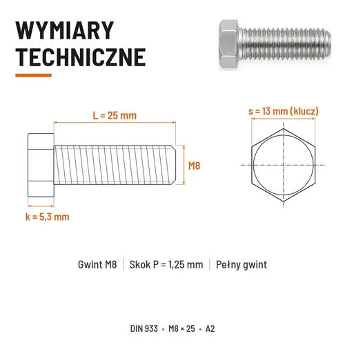 Śruba sześciokątna DIN 933 M8x25 pełny gwint A2 nierdzewna