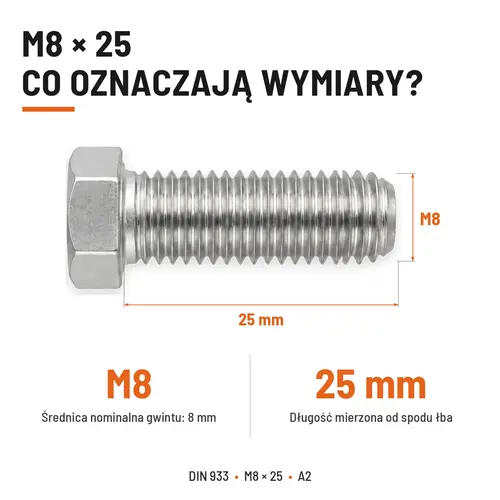 Śruba sześciokątna DIN 933 M8x25 pełny gwint A2 nierdzewna