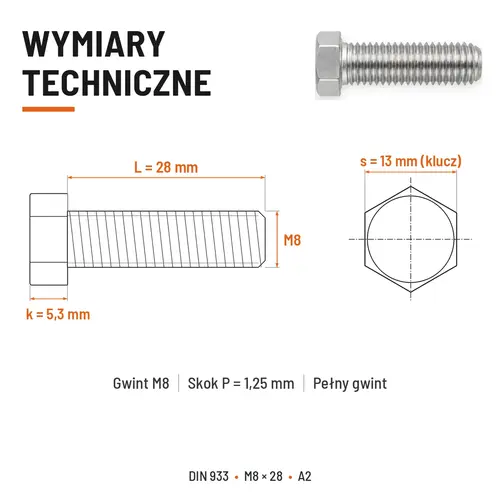 Śruba sześciokątna DIN 933 M8x28 pełny gwint A2 nierdzewna
