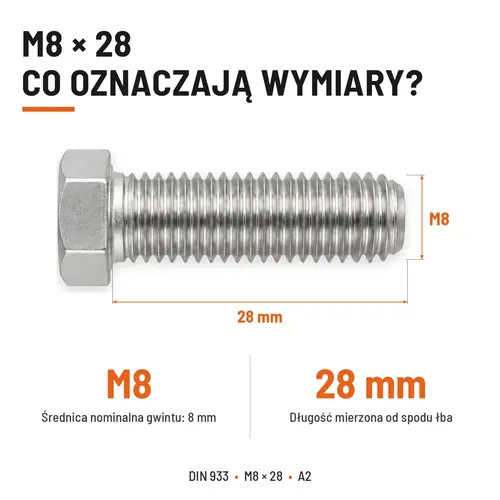 Śruba sześciokątna DIN 933 M8x28 pełny gwint A2 nierdzewna