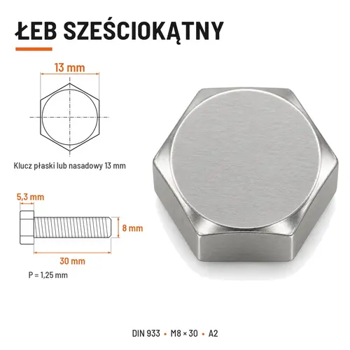 Śruba sześciokątna DIN 933 M8x30 pełny gwint A2 nierdzewna