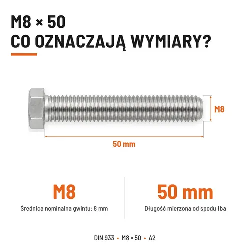 Śruba sześciokątna DIN 933 M8x50 pełny gwint A2 nierdzewna