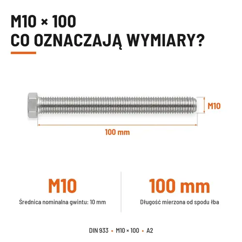 ŚRUBA SZEŚCIOKĄTNA DIN 933 M10X100 STAL NIERDZEWNA A2