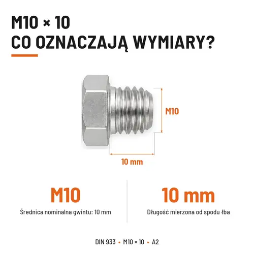 Śruba sześciokątna DIN 933 M10x10 pełny gwint A2 nierdzewna
