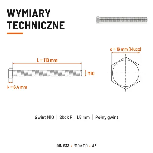 ŚRUBA SZEŚCIOKĄTNA DIN 933 M10X110 STAL NIERDZEWNA A2