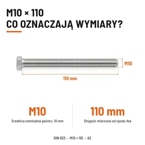 ŚRUBA SZEŚCIOKĄTNA DIN 933 M10X110 STAL NIERDZEWNA A2