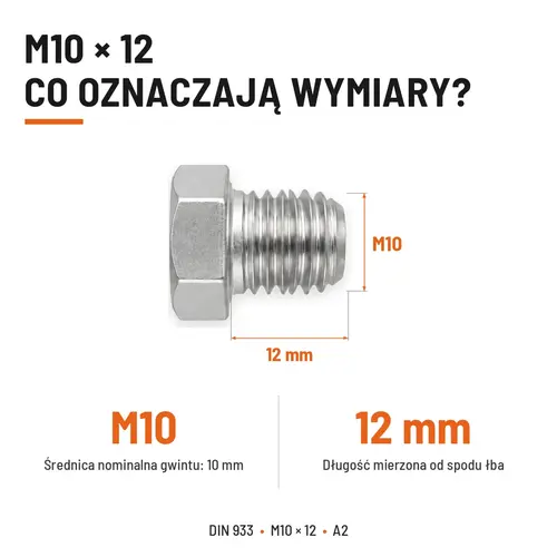Śruba sześciokątna DIN 933 M10x12 pełny gwint A2 nierdzewna
