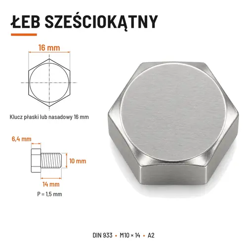 Śruba sześciokątna DIN 933 M10x14 pełny gwint A2 nierdzewna
