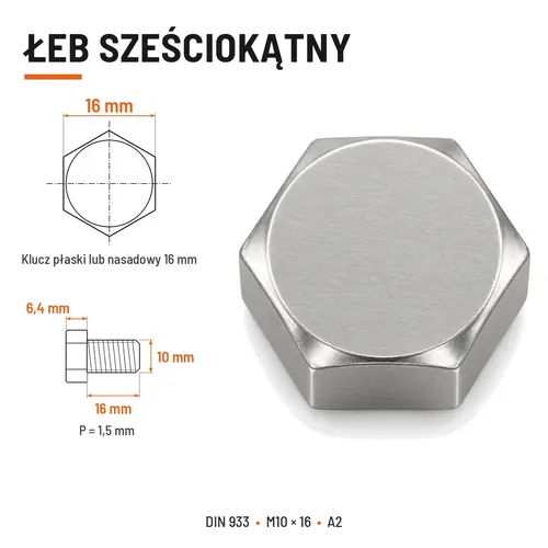 ŚRUBA SZEŚCIOKĄTNA DIN 933 M10X16 STAL NIERDZEWNA A2