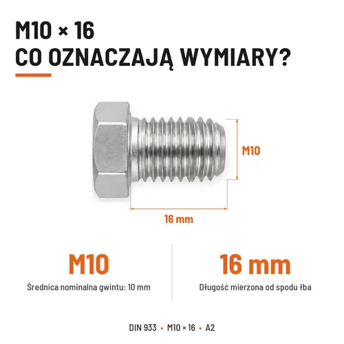 ŚRUBA SZEŚCIOKĄTNA DIN 933 M10X16 STAL NIERDZEWNA A2