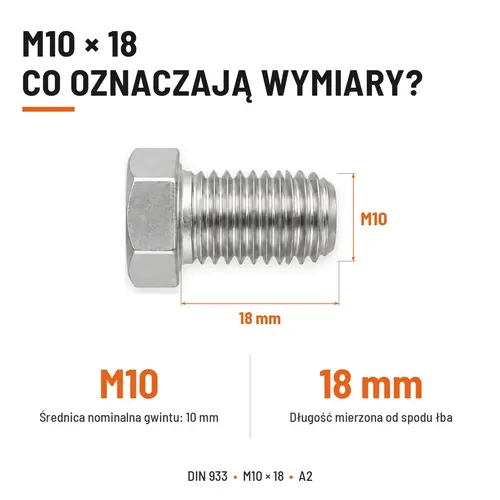 Śruba sześciokątna DIN 933 M10x18 pełny gwint A2 nierdzewna