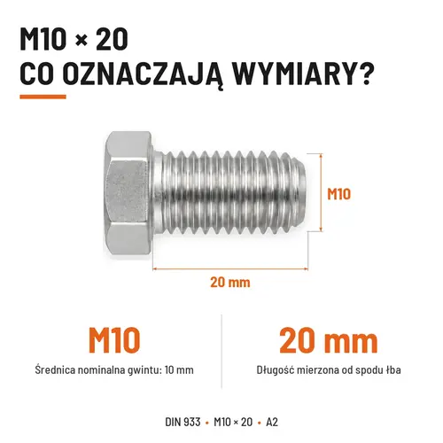Śruba sześciokątna DIN 933 M10x20 pełny gwint A2 nierdzewna