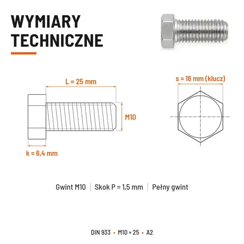 ŚRUBA SZEŚCIOKĄTNA DIN 933 M10X25 STAL NIERDZEWNA A2