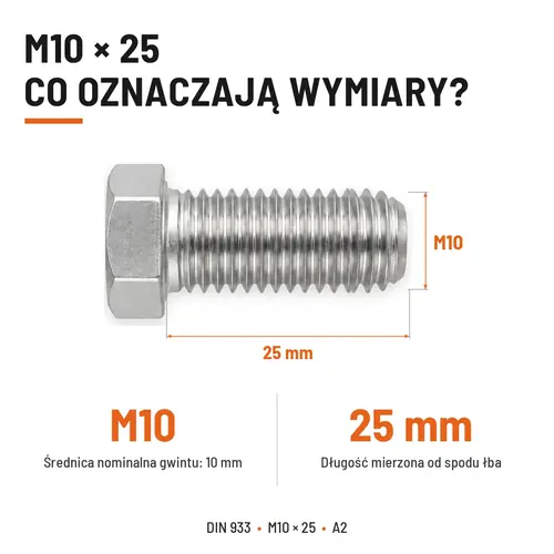 ŚRUBA SZEŚCIOKĄTNA DIN 933 M10X25 STAL NIERDZEWNA A2