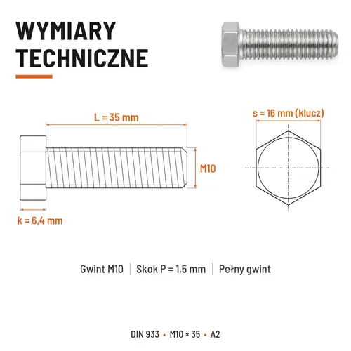 Śruba sześciokątna DIN 933 M10x35 pełny gwint A2 nierdzewna