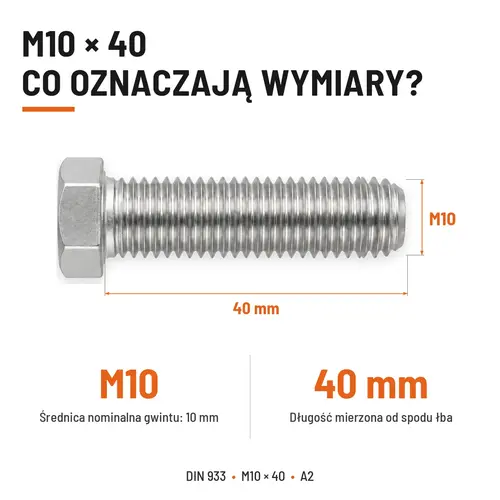 Śruba sześciokątna DIN 933 M10x40 pełny gwint A2 nierdzewna