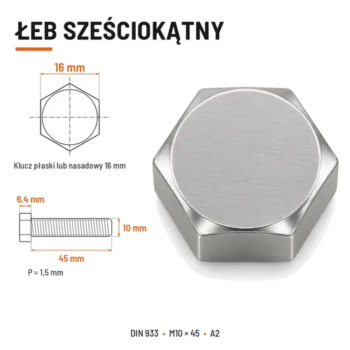 Śruba sześciokątna DIN 933 M10x45 pełny gwint A2 nierdzewna
