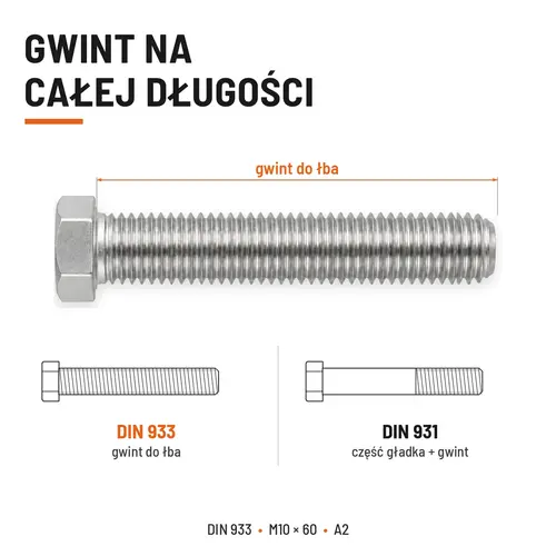 ŚRUBA SZEŚCIOKĄTNA DIN 933 M10X60 STAL NIERDZEWNA A2