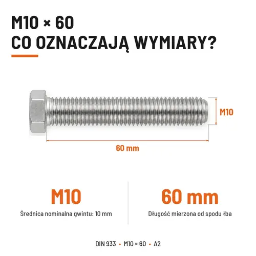ŚRUBA SZEŚCIOKĄTNA DIN 933 M10X60 STAL NIERDZEWNA A2