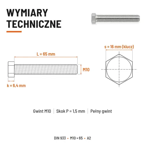 Śruba sześciokątna DIN 933 M10x65 pełny gwint A2 nierdzewna