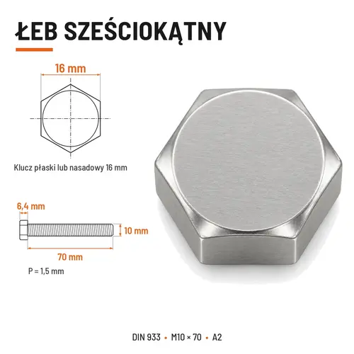 Śruba sześciokątna DIN 933 M10x70 pełny gwint A2 nierdzewna