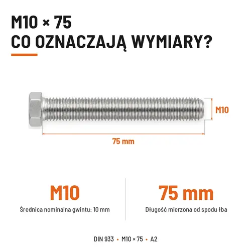 ŚRUBA SZEŚCIOKĄTNA DIN 933 M10X75 STAL NIERDZEWNA A2