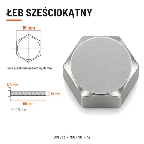 ŚRUBA SZEŚCIOKĄTNA DIN 933 M10X90 STAL NIERDZEWNA A2
