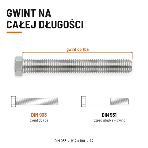 ŚRUBA SZEŚCIOKĄTNA DIN 933 M12X100 STAL NIERDZEWNA A2