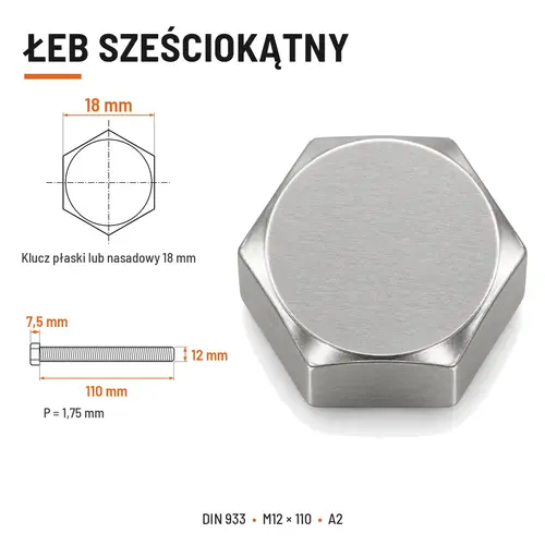 Śruba sześciokątna DIN 933 M12x110 pełny gwint A2 nierdzewna